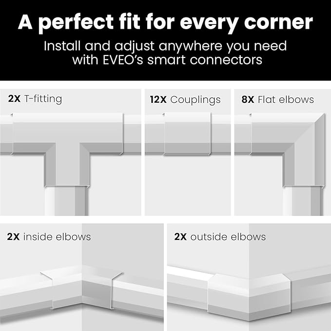 EVEO Cable Hider Wall 306” - Cable Raceway Cord Hider - Wire Covers for Cords on Wall, Cord Cover, Wall Cable Hider, Cable Concealer, Wire Hiders for TV on Wall Management-20X (L16 W0.95 H0.5) - White