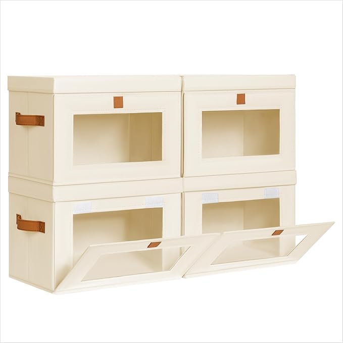 Homsorout Small Fabric Storage bins - Collapsible Storage Bins with Open Window, 4 Pack Closet Baskets for Shelves, Stackable Decorative Boxes for Home, Dorm, Beige, 13.7"x 9.8" x 9.8"
