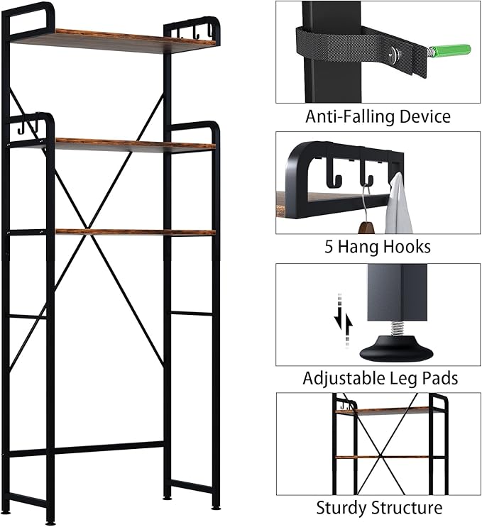 Huhote Over The Toilet Storage Rack with 3-Tier Bathroom Shelves, Space Saver Toilet Shelf, Bathroom Storage Organizer with Hooks for Over Toilet Storage and Shelf (Rustic Brown)