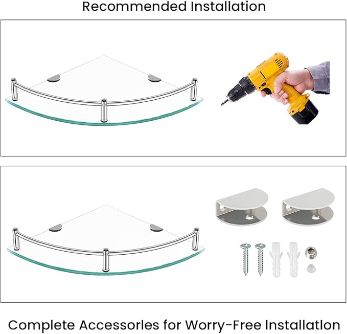 Glass Corner Shelves Tempered Bathroom Eestantes para Baños with Rail Wall Mounted Drill Hole for Corner Shower Shelf for Inside Shower 2 Pack（Sliver）