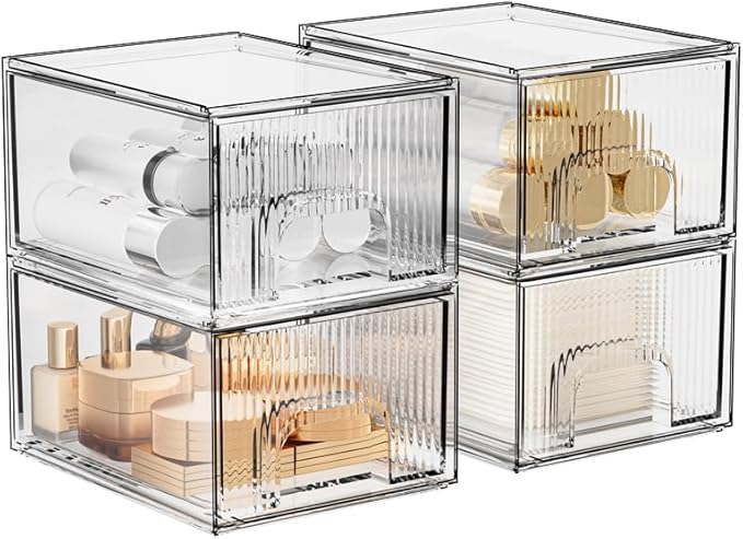 4 Pack Clear Stackable Storage Drawer, Acrylic Drawer, Cosmetic Organizer