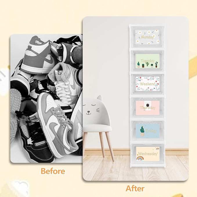 6 Shelf Weekly Clothes Organizer for Kids, Foldable Days of The Week Clothes Organizer with Door Hanging Closet Organizer Storage for Boys and Girls Monday Through Friday Essential Stuff (White)