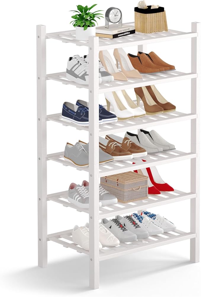 Haddockway Small 6 Tier Bamboo Shoe Rack Storage Organizer,Multifunctional Free Standing Stackable Shoe Shelf with Grid Panel for Closet,Hallway,Entryway,Small Space 18"x11"x34"