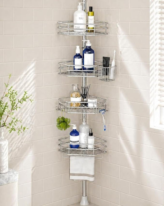 Corner Shower Caddy Tension Pole, Quick Setup, Silver