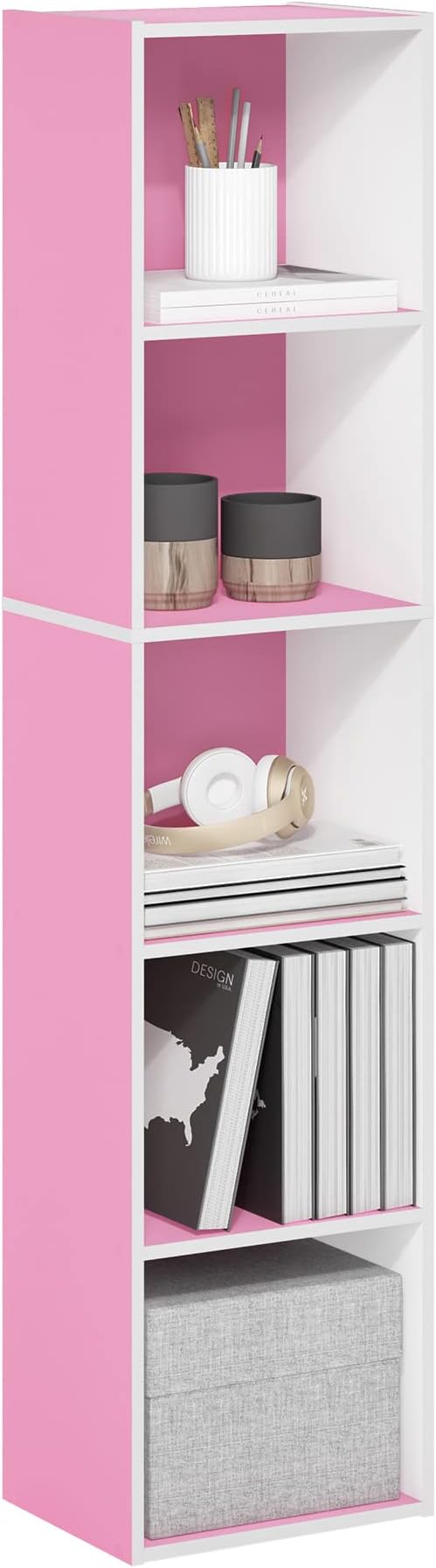 Furinno PASIR Book Shelf, 5-Tier Modern Bookshelf, Pink/White