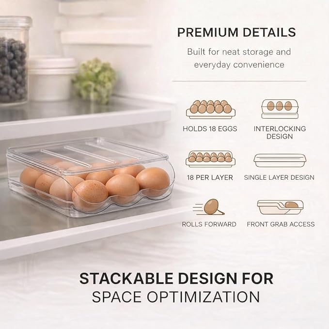 Egg Holder for Fridge with Rolling Auto Dispense, Egg Dispenser for Refrigerator, Stackable Egg Organizer for Refrigerator, Holds 18 Eggs, Clear Space Saving Storage Container for Kitchen Use