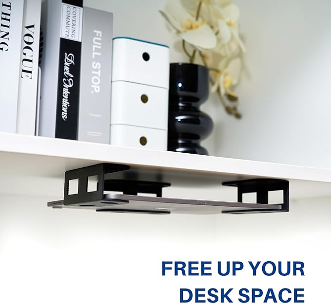 BYMECOST Under Desk Laptop Storage Mount, Metal Under Desk Device Holder, for Devices Up to 1.37" Thick, MacBook, Mini, Keyboard, Router, with Anti-Scratch Silicone (Black)