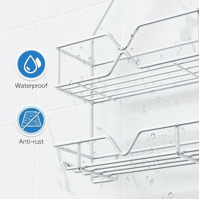 Rustproof Shower Caddy, Hanging, Stainless Steel, 4 Hooks, 2 Shelves, Non-Slip