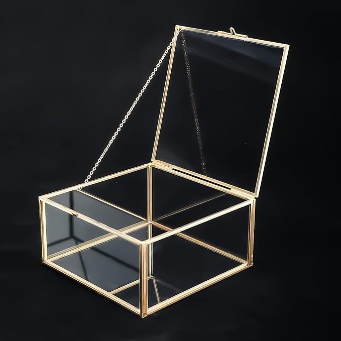 HighFree Vintage Glass Box with Lid - Clear Jewelry Glass Display Box Keepsake Box - Home Decor Decorative Box for Trinket Rings Bracelet (Gold, Small)