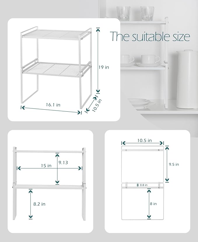 Shantton 2Pack Kitchen Cabinet Shelf Counter Organizer Rack Pantry Storage Bathroom Bedroom Office Table Desk Space Saving Stackable Rust Resistant Non Slip White Tall Wide L16.1in W10.6in H9.5in