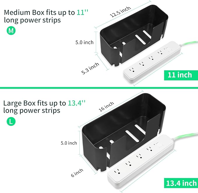 Cord Organizer Box, Cable Hider for Power Strips, Surge Protector, Extension Cord and Wire Management, Cable Management Box (2PCS/Large and Medium Size/Black)