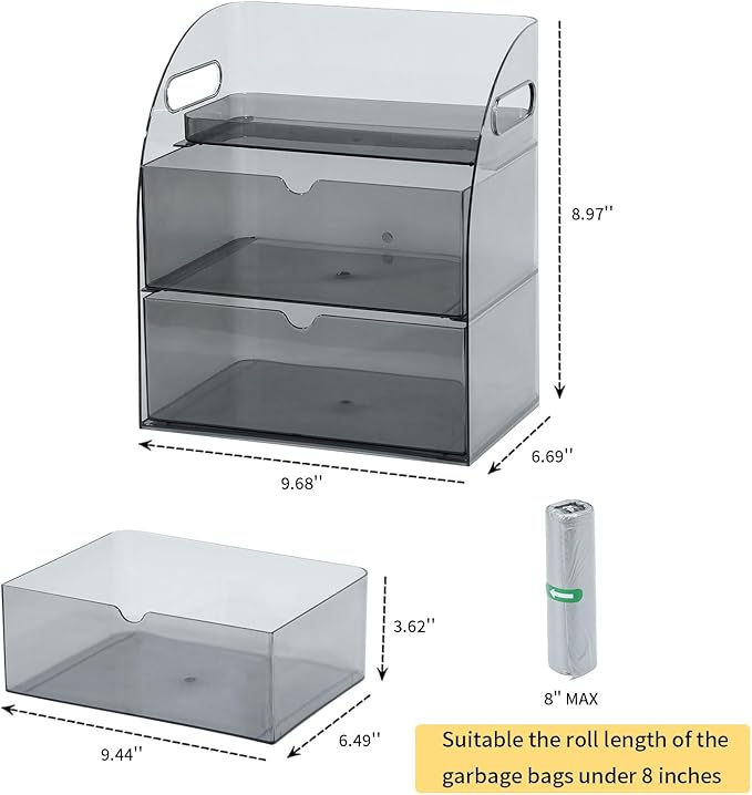 Plastic Under Sink Organizer with Drawers, Gray Kitchen and Pantry Storage Container for Trash Bags, Dishwasher Detergents, Sponge, Large Laundry Pods Dispenser with Handle for Cabinet