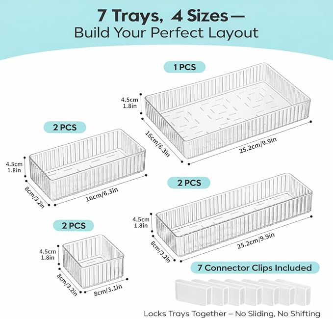 7 PCS Clear Drawer Organizer Bins, Stackable Office Desk Drawer Organizers with 7 Connector Clips, 4 Sizes Plastic Drawer Trays for Office Supplies, Bathroom, Vanity, Makeup & Kitchen