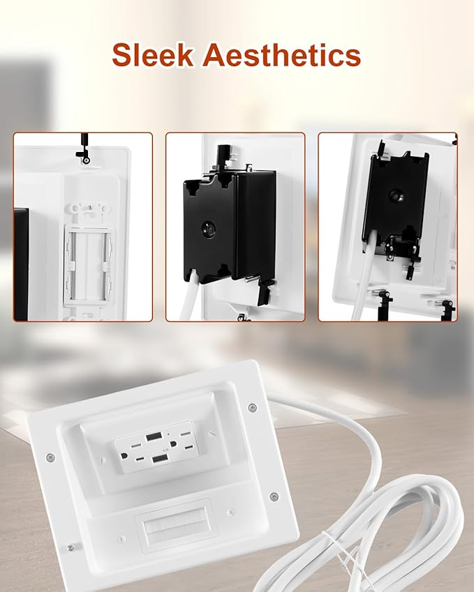 In Wall Cable Concealer Kit with Brush Wall Plate AC Outlets and 2 USB Ports, 9ft Cord, Hide Cords Recessed Wall Outlet for TV Cable Management, HDMI Cables and Home Theater Systems