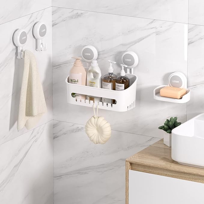 LUXEAR 4 Pack Shower Caddy Set - Suction Cup Shower Shelf+Soap Dish+Hooks - 1 Sec Installation NO-Drill Removable Powerful Waterproof Organizer for Bathroom/Kitchen/RV 22LBS Capacity Removable
