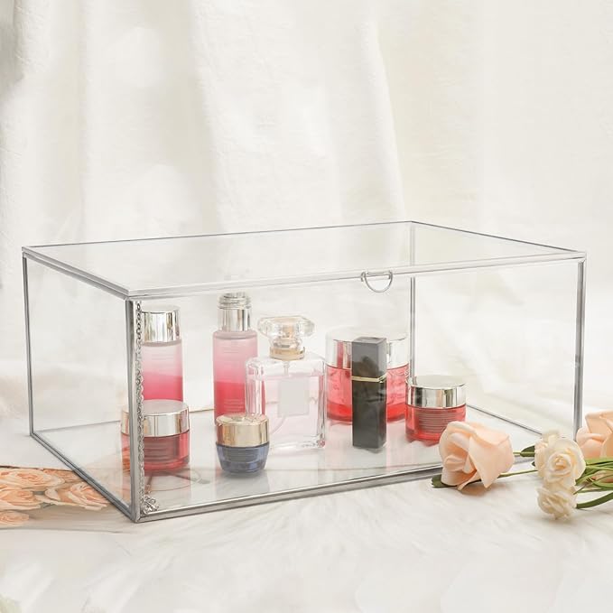 HighFree Vintage Glass Box with Lid - Clear Jewelry Glass Display Box Keepsake Box - Home Decor Decorative Box for Trinket Rings Bracelet (Silver, X-Extra Large)