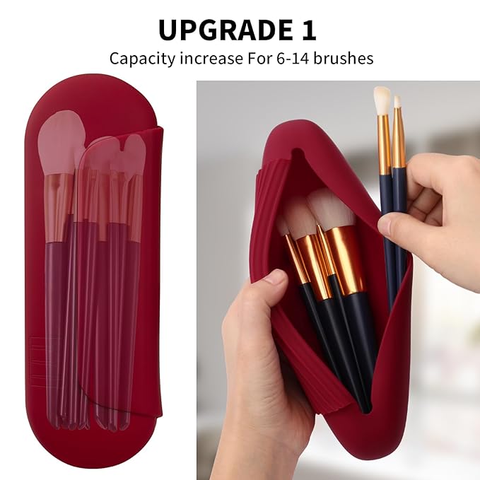 AGIKET Silicone Makeup Brush Holder Travel Cosmetic Bag：Soft Portable Cosmetic Face Brushes Holder with Upgrade Anti-Fall Out Magnetic Closure, Large Travel Makeup Brush Case - Red