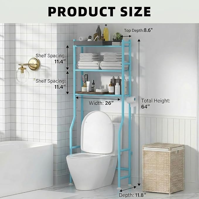 GloTika 3-Tier Over Toilet Storage with Anti-Tilt Safety System - 150lb Total Capacity Metal Bathroom Shelves Including Paper Holder & 4 Hooks, Space Saving Above Commode Organizer (64" H, Blue)