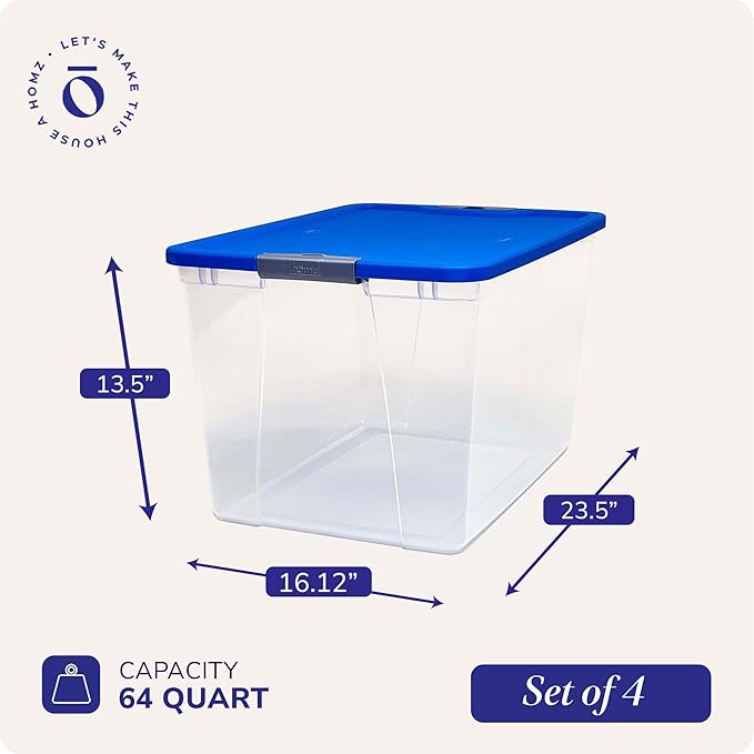 HOMZ 4-Pack Secure Latch, Clear Plastic Storage Organizer Bins, 64 Quart, Blue Lid - Stackable Container Boxes for Bedroom, Bathroom, Garage, and Office Organization