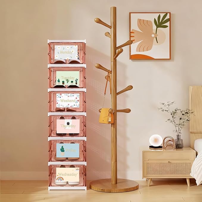 6 Shelf Weekly Clothes Organizer for Kids, Foldable Days of The Week Clothes Organizer with Door Hanging Closet Organizer Storage for Boys and Girls Monday Through Friday Essential Stuff (Brown)
