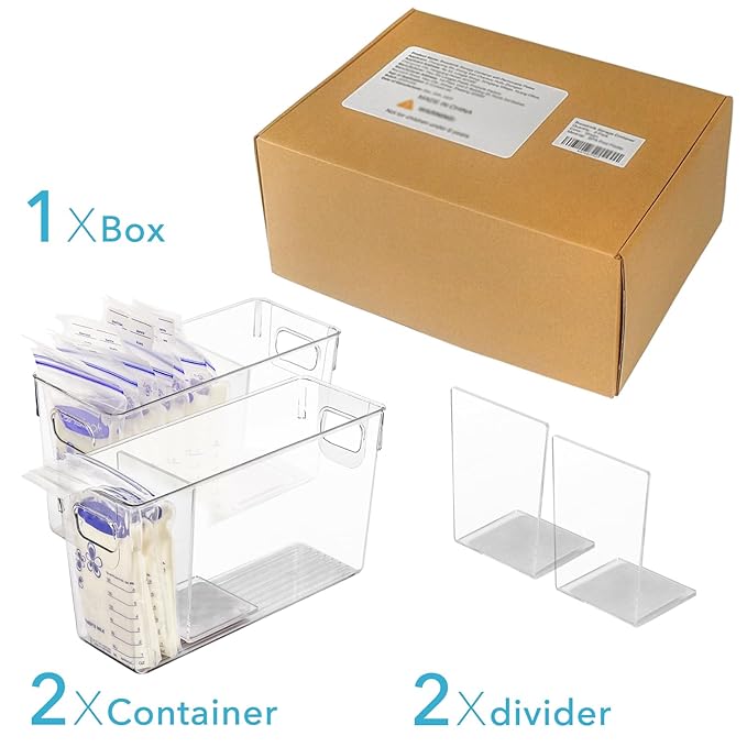 Ugotfeels Breastmilk Storage Container with L Shaped Separator Boards, Dividers Will Flatten Standing Breast Milk Bags in Organizer Bins Save Refrigerator Space | 2 Containers-Gray