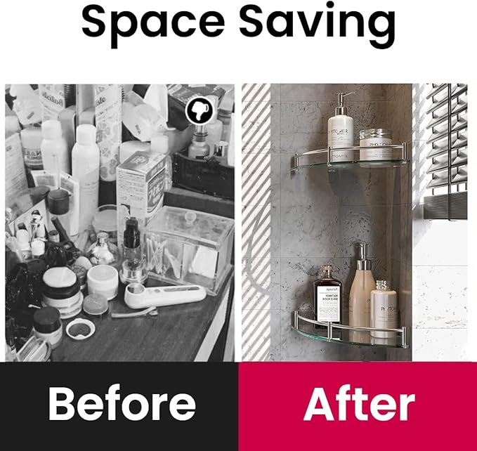 Glass Corner Shelves Tempered Bathroom Eestantes para Baños with Rail Wall Mounted Drill Hole for Corner Shower Shelf for Inside Shower 2 Pack（Sliver）