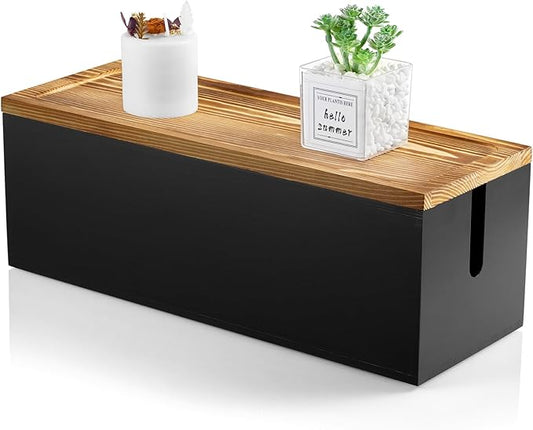 Large Cable Management Box, Wooden Cord Organizer Box for Desk, Floor, Black