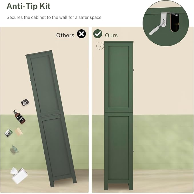 67" Tall Bathroom Cabinet with Adjustable Shelves and Doors, Green