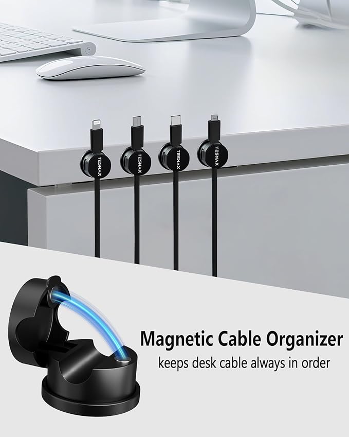 Magnetic Cable Clips 360° Rotation Cord Holder, 12 Pack Cord Organizer 1s Lock Cable Smooth Adjustable Desk Organizers and Accessories, Adhesive Cord Clips for Nightstand,Phone,Wall,Car,Home Office