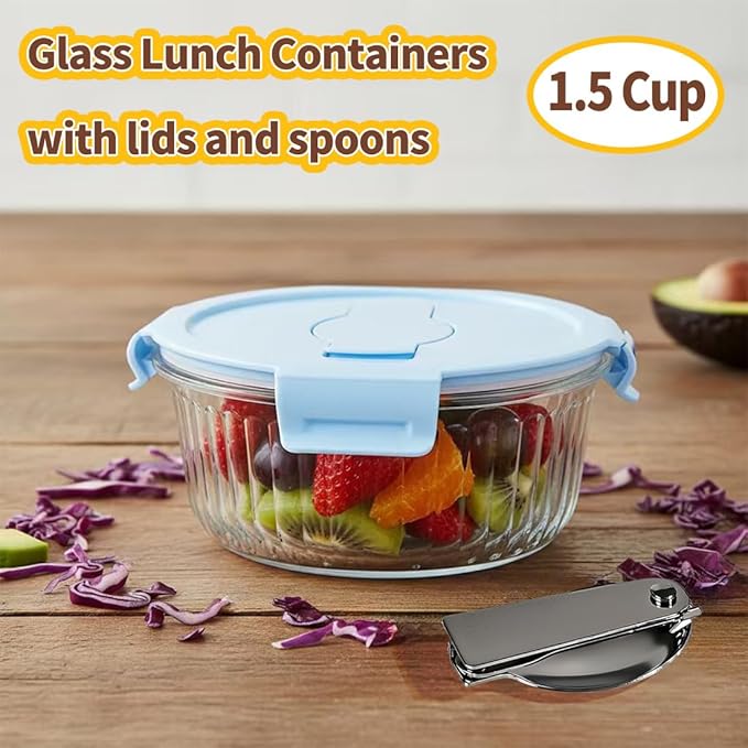 12oz Round Glass Food Storage Containers with Lids and Foldable Cutlery, 1.5 cup Round Glass Lunch Containers, Small Food Bowls for Office, School, Outdoor, Microwave, Freezer Safe -4 Pack