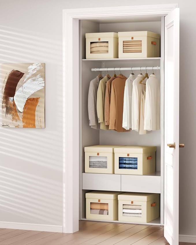 Homsorout Storage Bins with Lid – Closet Organizer with Side Opening and Clear Window, Foldable Stackable Fabric Basket for Clothes, Home, Office - 13.77" x 11.8" x 9.8", 5 Pack, Beige
