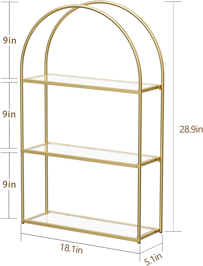 Crofy Gold Arched Frame Wall Shelf, Decorative 3 Tier Bathroom Wall Shelf with Transparent Tempered Glass Shelves and Robust Storage Capacity, 5.1" D x 18.1" W x 28.9" H