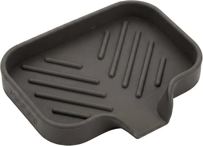 MicoYang Silicone Soap Dish with Drain Spout — Self-Draining Sink Organizer Tray for Bathroom & Kitchen, Holds Bar Soap, Sponges & Dispensers, Non-Slip & Dishwasher Safe, Coffee (Small, 4.9"×3.2")