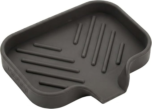 MicoYang Silicone Soap Dish with Drain Spout — Self-Draining Sink Organizer Tray for Bathroom & Kitchen, Holds Bar Soap, Sponges & Dispensers, Non-Slip & Dishwasher Safe, Coffee (Small, 4.9"×3.2")