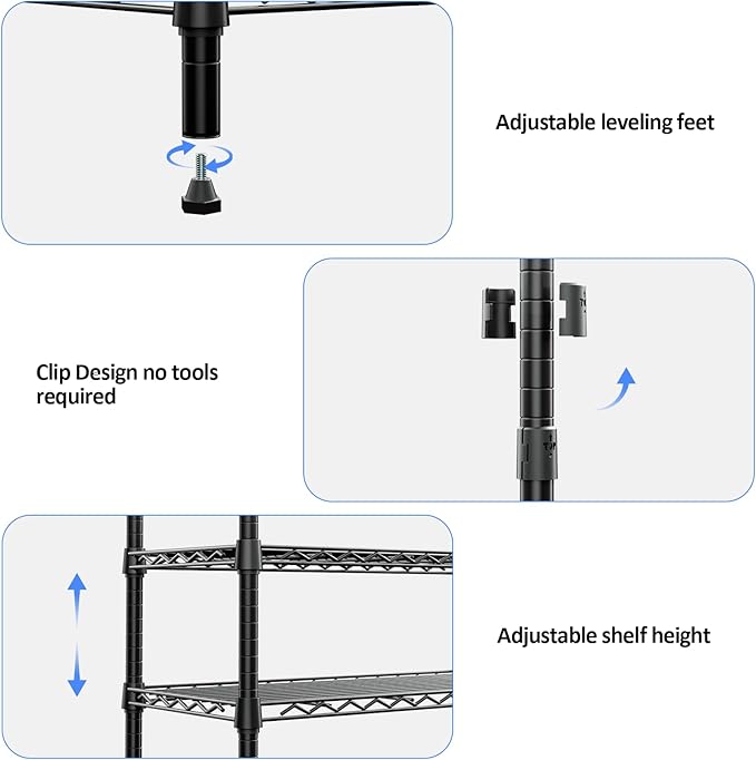 IZEUK 5-Tier Heavy Duty Metal Storage Shelves, 15.7" D x 33.5" W x 68.5" H, 1250 lbs, Black, Adjustable Wire Shelving Unit,Storage Rack for Kitchen, Garage and Closet Organizer