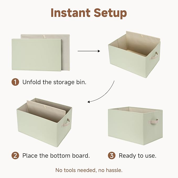 StorageWorks Storage Baskets for Shelves, Closet Organizers and Storage Basket, Fabric Clothes Organizer with Leather Handles, Light Green, 3-Pack, Large