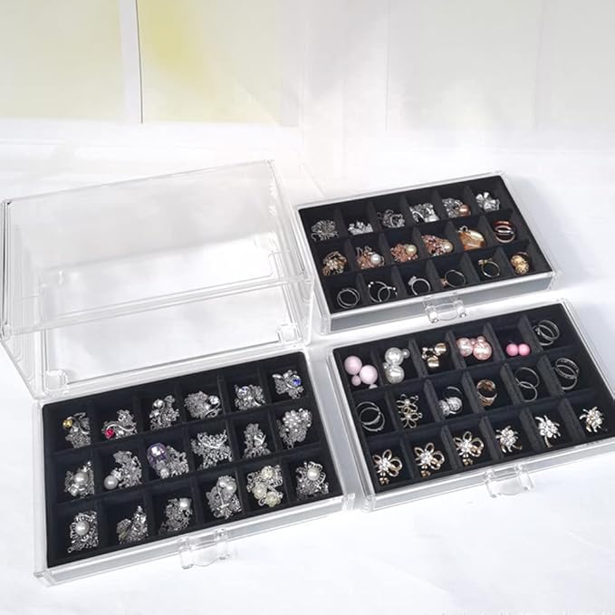 YUFONG Earring Organizer Box Acrylic Jewelry Organizer with 3 Drawers 54 Adjustable Grids Clear Stackable Earring Holder Velvet Trays Ring Display Case for Women Girls (Black)