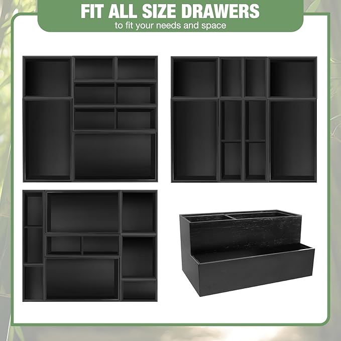 Bamboo Drawer Organizer Set, 8 PCS Black Multi-Use Drawer Storage Boxes
