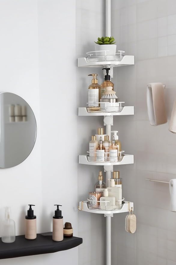 Shuang qing 360° Rotating Corner Shower Caddy Tension Pole Organizer, White