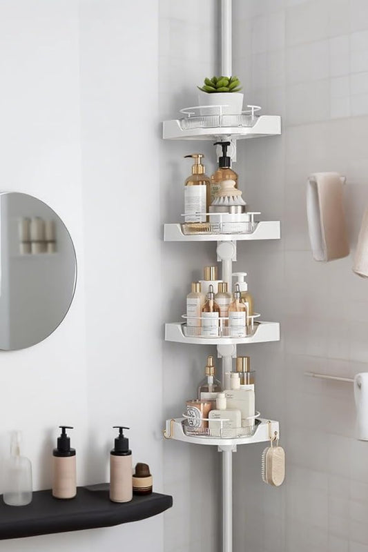 Shuang qing 360° Rotating Corner Shower Caddy Tension Pole Organizer, White