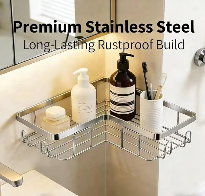 Shower Caddy 2 Pack, Stainless Steel No Drilling Adhesive Bathroom Organizer Shelf Rack, Corner Shower Shelf with Hooks for Home Decor & Storage