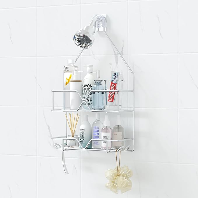 Rustproof Shower Caddy, Hanging, Stainless Steel, 4 Hooks, 2 Shelves, Non-Slip