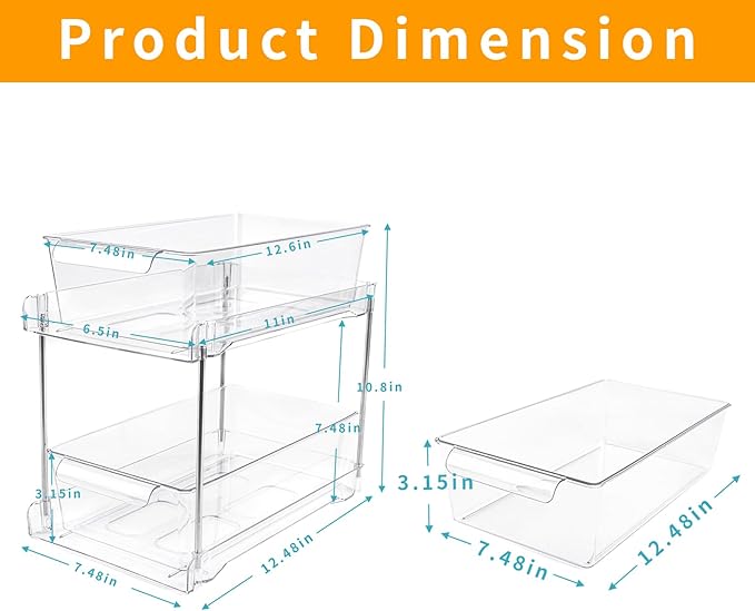 4Pack 2-Tier Bathroom Storage Organizer, Clear Under Sink Organizers Kitchen Vanity Counter Storage Container, Medicine Cabinet Drawers Bins, Pull-Out Organization with Track for Pantry