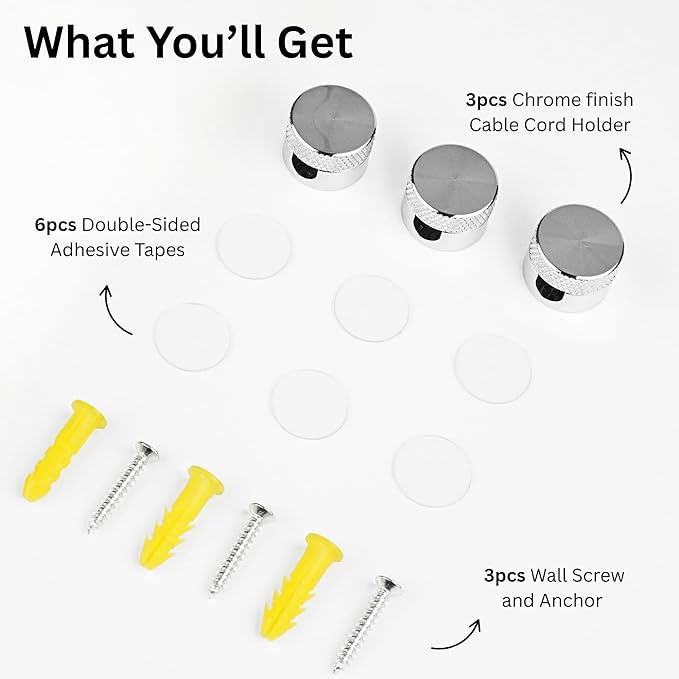 3PCS Premium Cord Holder for Nightstand, Computer Cord Organizer for Desk, Appliance Cord Organizers, Stick-On Cable Clip for Charger, Laptop, USB, Headphones, Wire Management Set, Silver