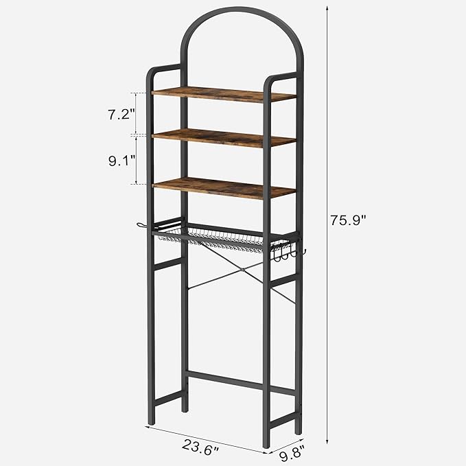 76" H Over the Toilet Storage Rack, 4-Tier Bathroom Organizer with Toilet Paper Holder & Hooks, Metal Frame with Wooden Shelves, Space Saver for Small Bathroom, Rustic Brown and Black
