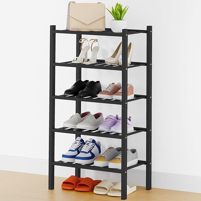 Smiry Small Bamboo Shoe Rack, 5 Tier Free Standing Wooden Shoe Organizer, Stackable Wood Shoe Storage Shelf for Closet, Entryway, 14 Vertical Slats, 2+2+1 Stack Thicker Legs, 17.3"x11"x32.5", Black