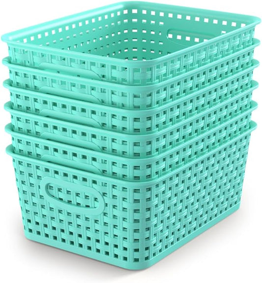 WYT 6-Pack Plastic Small Shelf Storage Weave Baskets Organizing for Cabinets and Pantries, Sky Blue