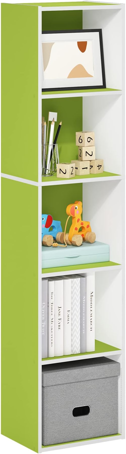 Furinno PASIR Book Shelf, 5-Tier Modern Bookshelf, Green/White