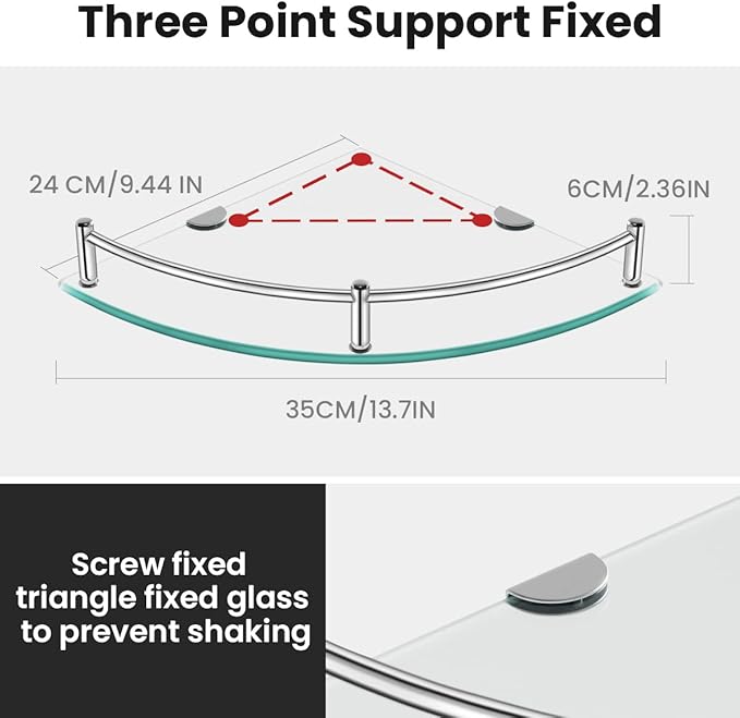 Glass Corner Shelves Tempered Bathroom Eestantes para Baños with Rail Wall Mounted Drill Hole for Corner Shower Shelf for Inside Shower 2 Pack（Sliver）