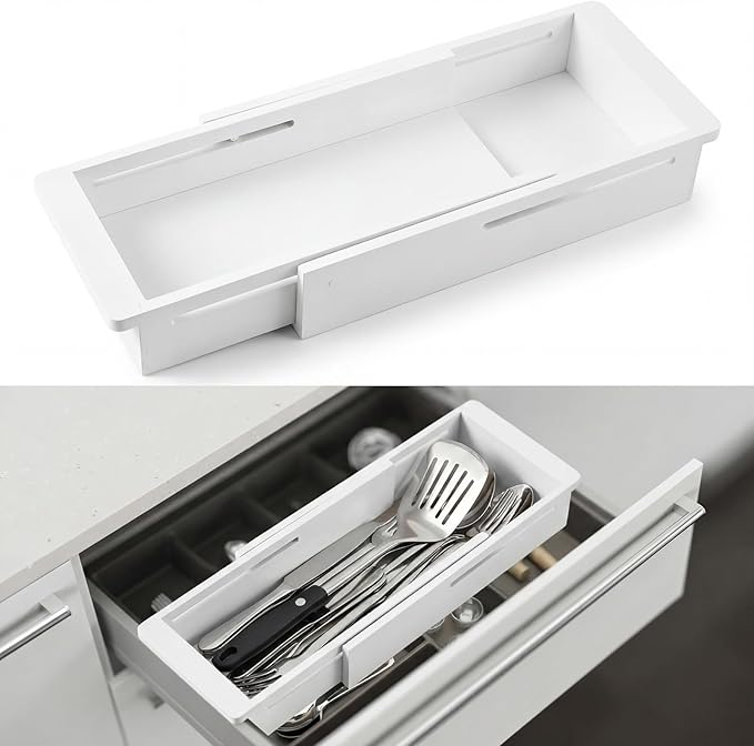 2 Pcs Sliding Drawer Organizer Bin Bamboo Drawer Expandable Bins Utensil, White
